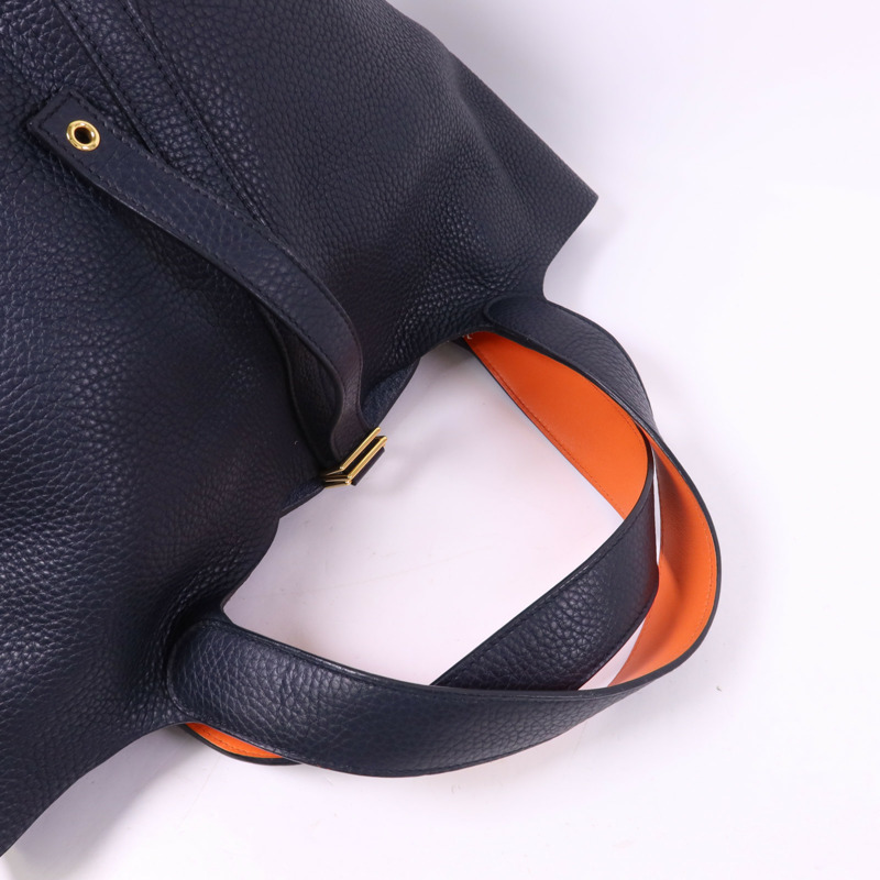 HERMES Clemence皮革Picotin GM金扣手挽袋Bleu Indigo/Orange-4