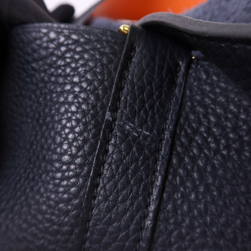 HERMES Clemence皮革Picotin GM金扣手挽袋Bleu Indigo/Orange-14