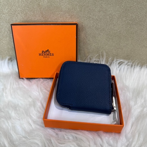 Hermes Silk In 普魯士藍Epson銀釦絲巾拉鍊零錢包 離櫃品