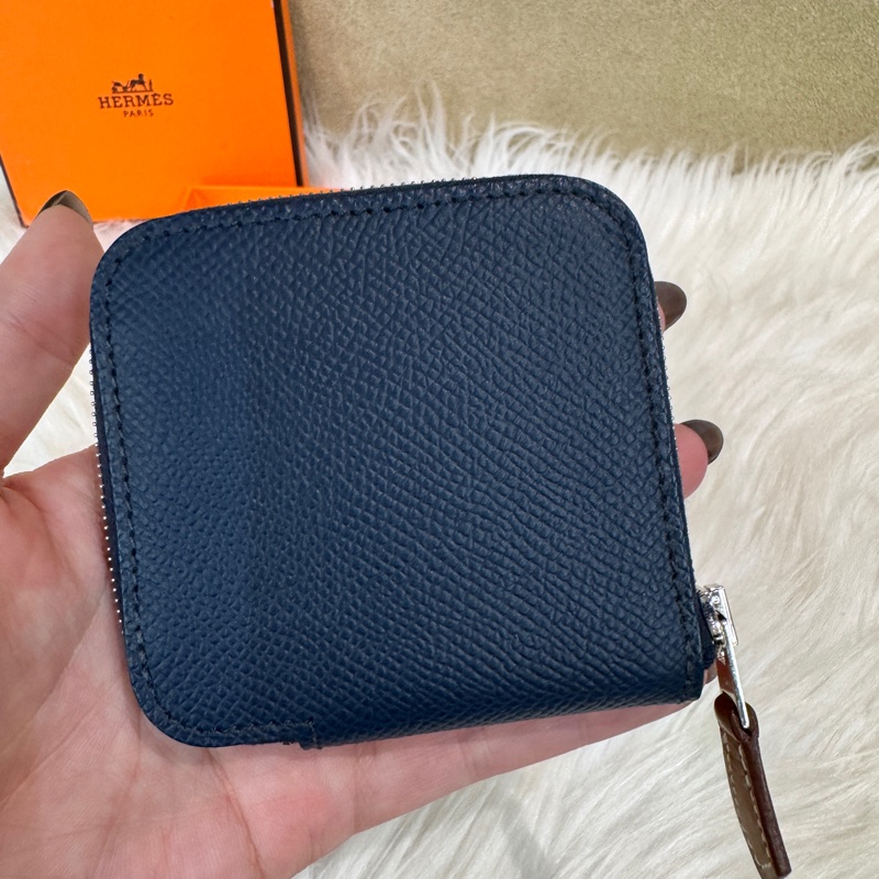 Hermes Silk In 普魯士藍Epson銀釦絲巾拉鍊零錢包 離櫃品-2