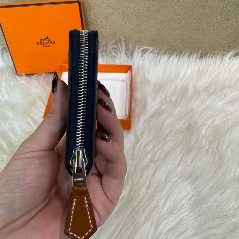 Hermes Silk In 普魯士藍Epson銀釦絲巾拉鍊零錢包 離櫃品-4