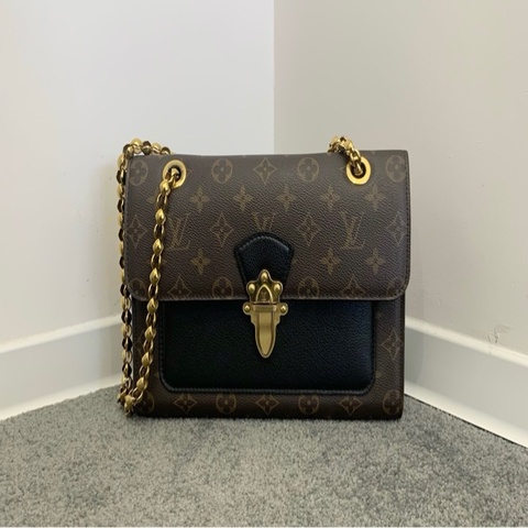 LV老花拼黑色配皮維多利亞鏈條單肩斜挎包