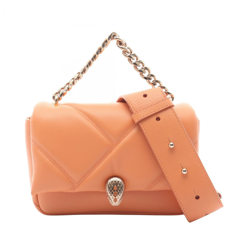 寶格麗 Serpenti Cabochon 鏈條肩背斜背包，橘色二手皮革-0