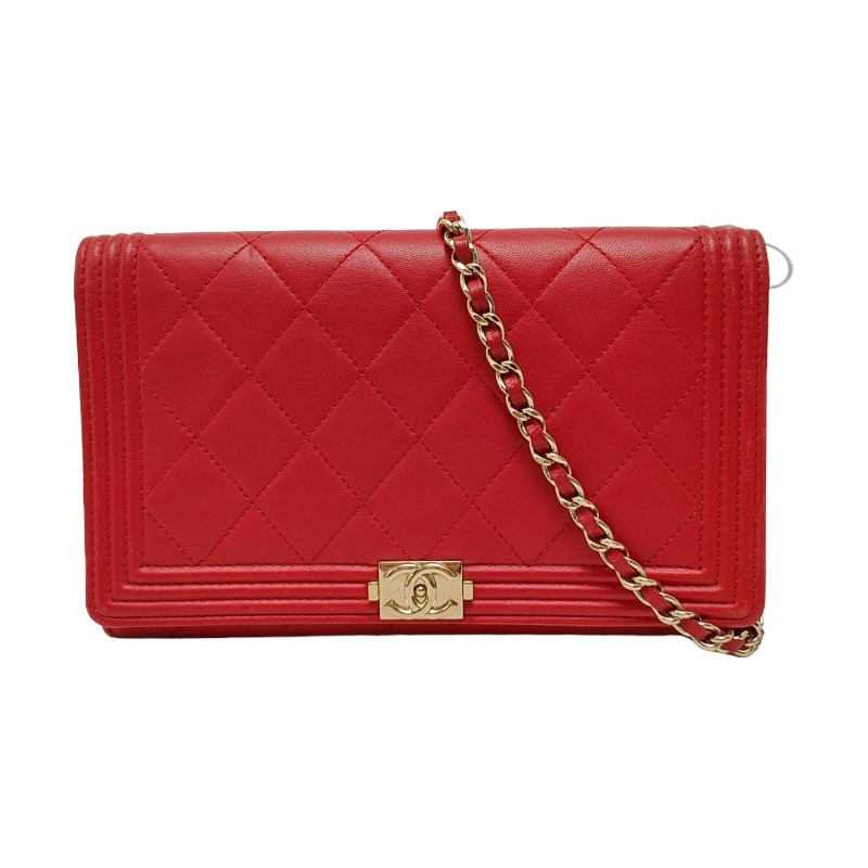 CHANEL BOY CHANEL紅色羊皮菱格紋絎縫單肩包 金色五金 22開 可拆卸肩帶-0