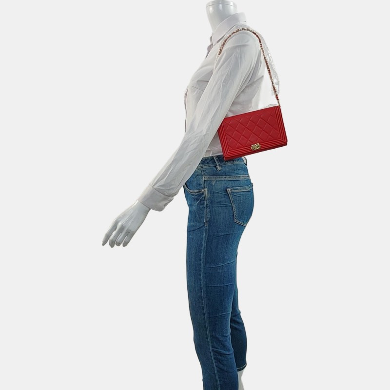 CHANEL BOY CHANEL紅色羊皮菱格紋絎縫單肩包 金色五金 22開 可拆卸肩帶-1