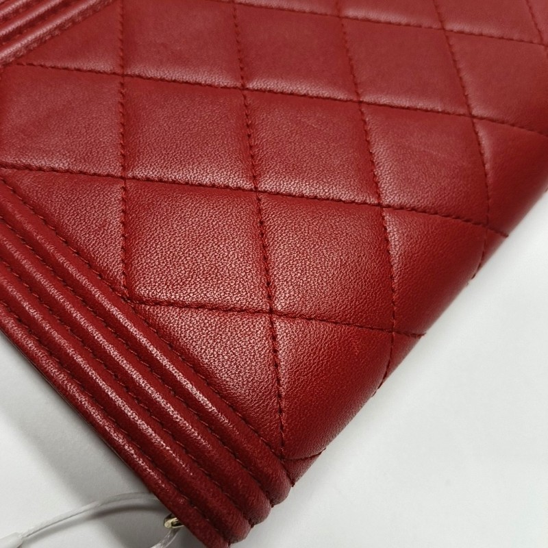 CHANEL BOY CHANEL紅色羊皮菱格紋絎縫單肩包 金色五金 22開 可拆卸肩帶-11