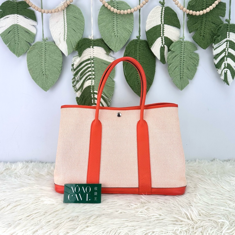 HERMES Garden Party 36 橙色帆布拼皮 手提包 X Stamp-0