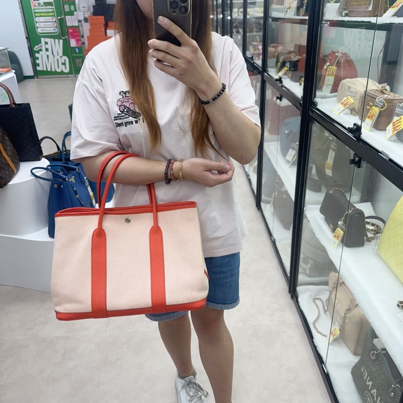 HERMES Garden Party 36 橙色帆布拼皮 手提包 X Stamp-1