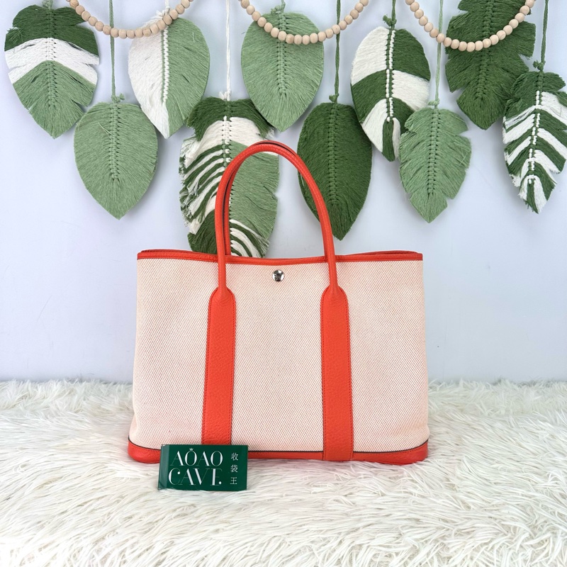 HERMES Garden Party 36 橙色帆布拼皮 手提包 X Stamp-4