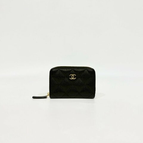 Chanel黑金粒紋牛皮拉鍊零錢卡包AP0216