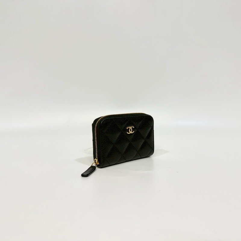 Chanel黑金粒紋牛皮拉鍊零錢卡包AP0216-2
