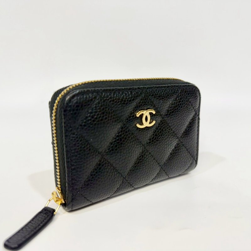 Chanel黑金粒紋牛皮拉鍊零錢卡包AP0216-4