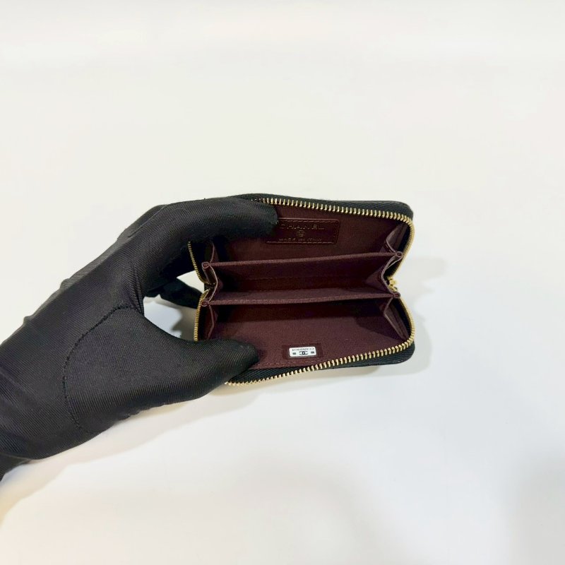 Chanel黑金粒紋牛皮拉鍊零錢卡包AP0216-6