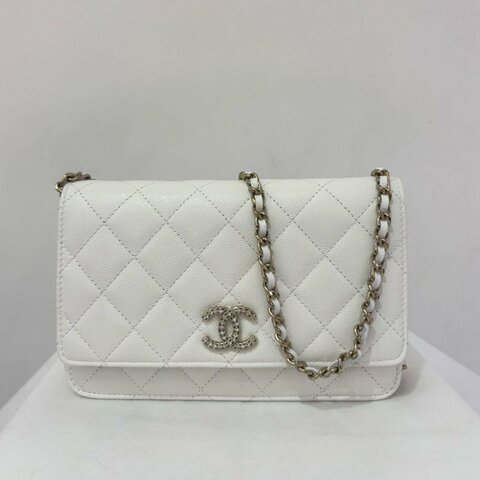 CHANEL白荔枝金水鑽Logo金鍊 WOC