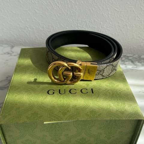 Gucci黑/pvc雙面金雙G皮帶85公分