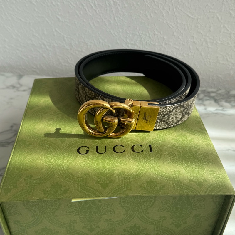 Gucci黑/pvc雙面金雙G皮帶85公分-0