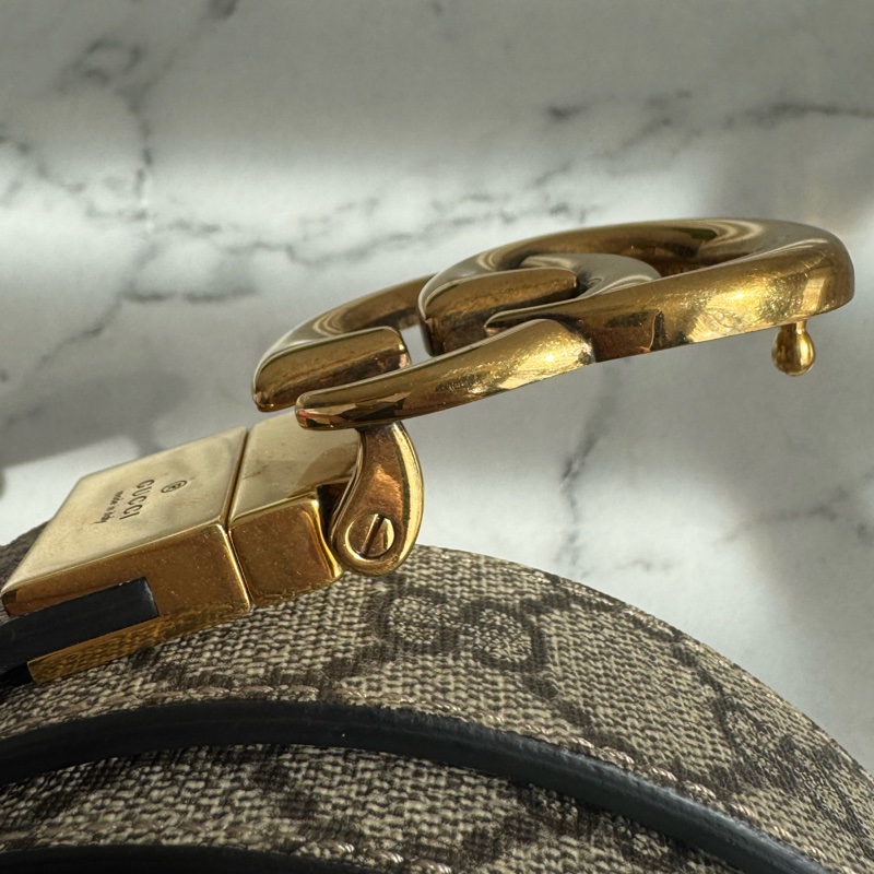 Gucci黑/pvc雙面金雙G皮帶85公分-5