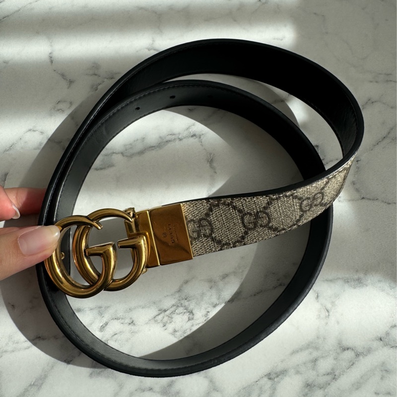 Gucci黑/pvc雙面金雙G皮帶85公分-17