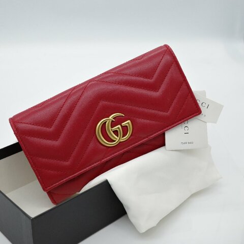 Gucci 古馳 Marmont 紅色 牛皮 金扣  長夾 皮夾