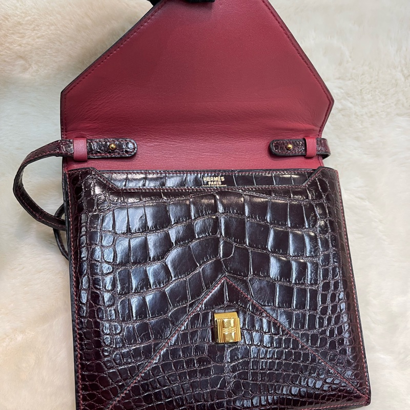 Hermes 愛馬仕 酒紅色鱷魚皮 方塊刻印 上肩包 I683-5