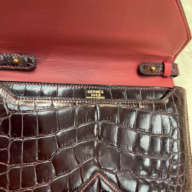 Hermes 愛馬仕 酒紅色鱷魚皮 方塊刻印 上肩包 I683-6