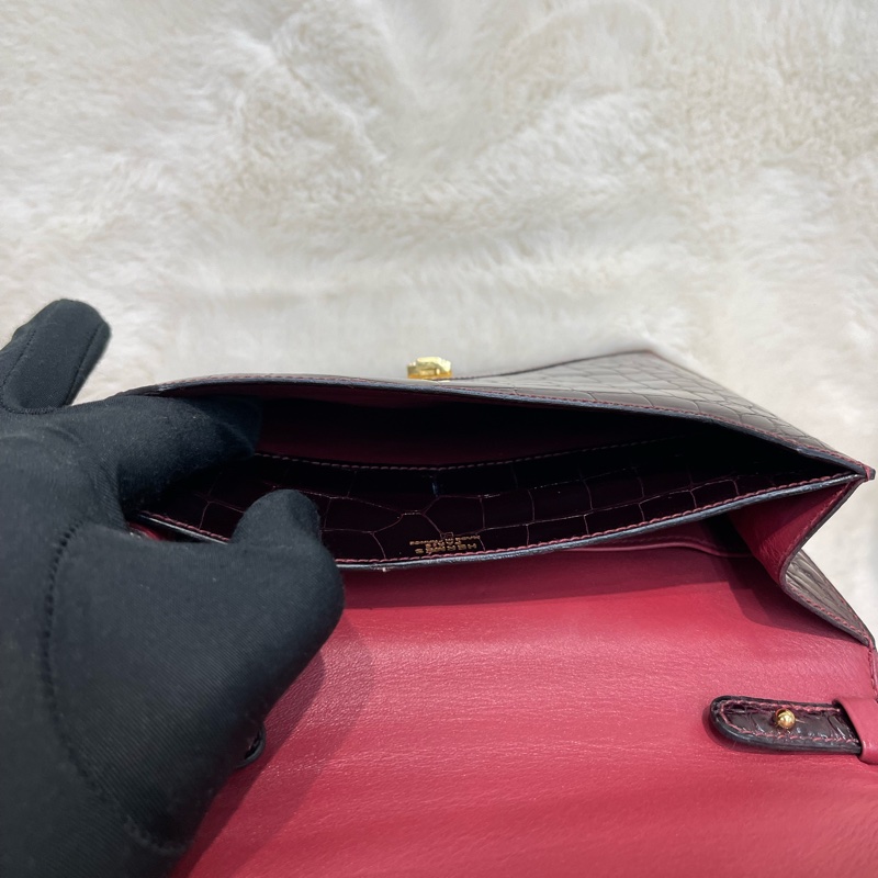 Hermes 愛馬仕 酒紅色鱷魚皮 方塊刻印 上肩包 I683-8