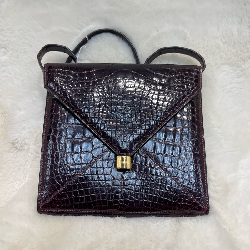 Hermes 愛馬仕 酒紅色鱷魚皮 方塊刻印 上肩包 I683-10