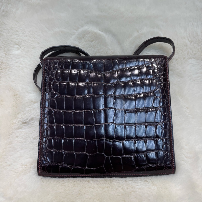 Hermes 愛馬仕 酒紅色鱷魚皮 方塊刻印 上肩包 I683-11