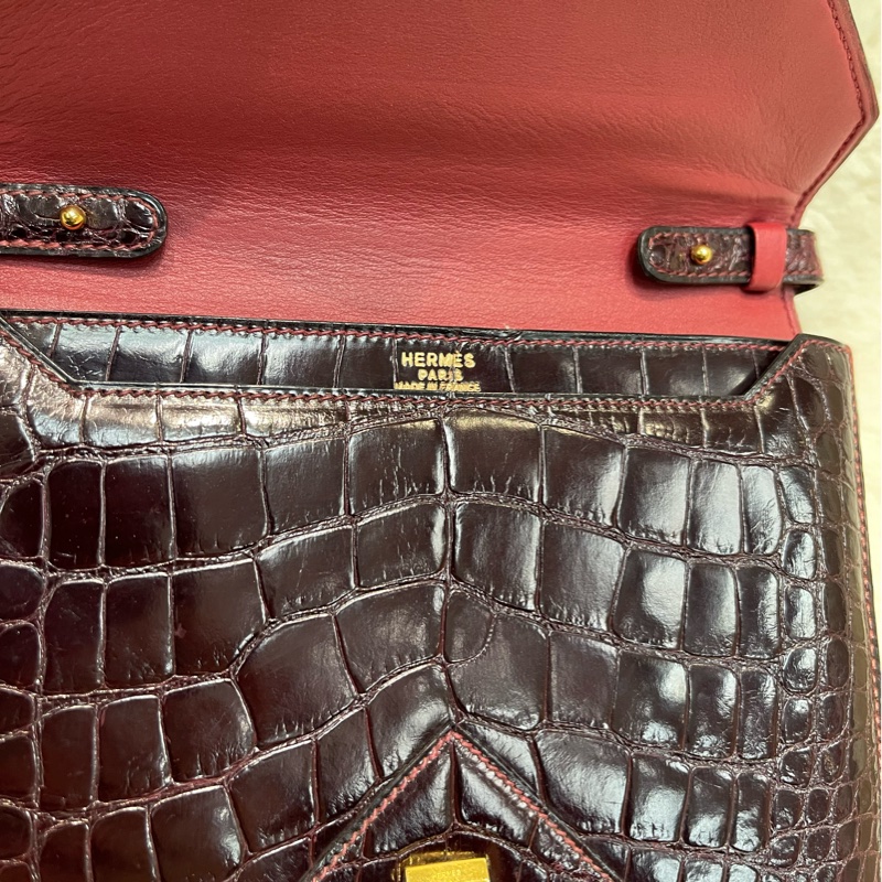 Hermes 愛馬仕 酒紅色鱷魚皮 方塊刻印 上肩包 I683-14