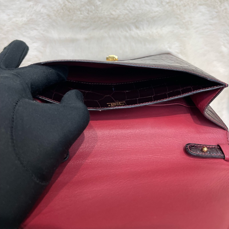 Hermes 愛馬仕 酒紅色鱷魚皮 方塊刻印 上肩包 I683-16