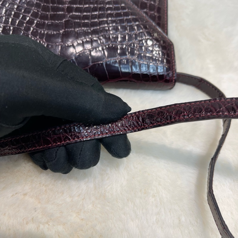 Hermes 愛馬仕 酒紅色鱷魚皮 方塊刻印 上肩包 I683-20