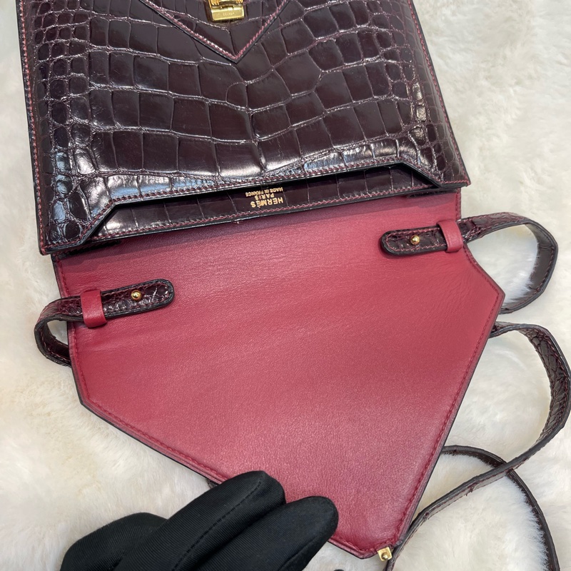 Hermes 愛馬仕 酒紅色鱷魚皮 方塊刻印 上肩包 I683-25