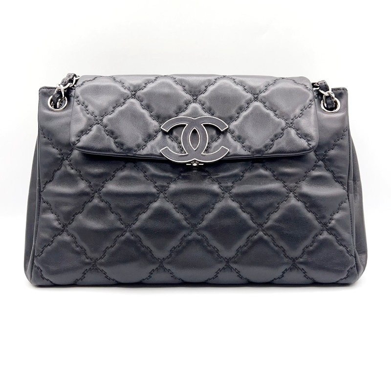 Chanel 黑銀琺瑯釦外縫線黑色機場包 肩背包-0