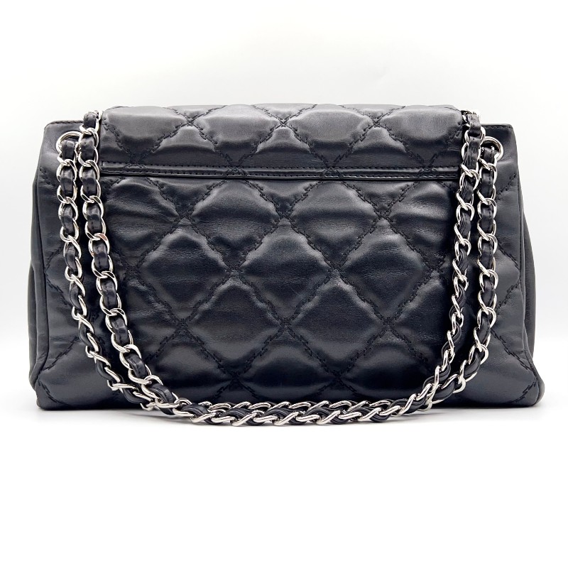 Chanel 黑銀琺瑯釦外縫線黑色機場包 肩背包-1