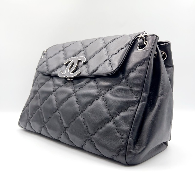 Chanel 黑銀琺瑯釦外縫線黑色機場包 肩背包-2