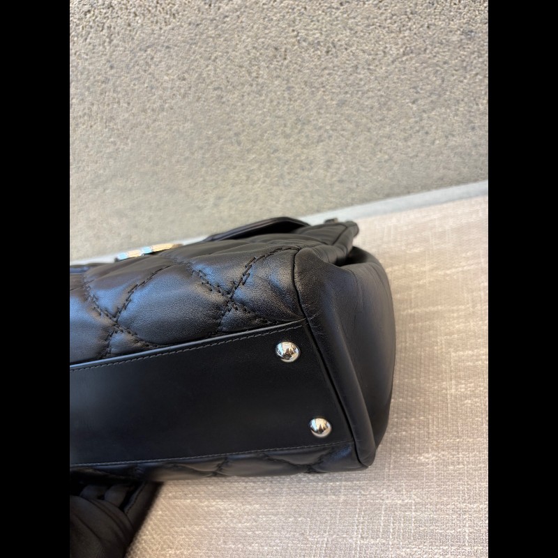 Chanel 黑銀琺瑯釦外縫線黑色機場包 肩背包-6