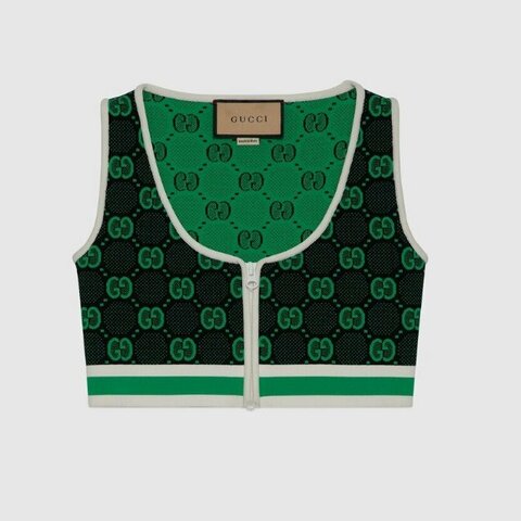 ::GUCCI:: 黑綠滿版雙G花紋 拉鍊背心 上衣 可單穿L號