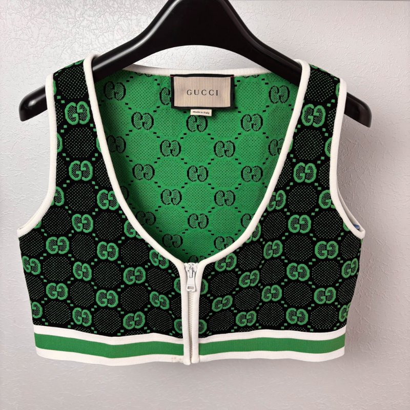 ::GUCCI:: 黑綠滿版雙G花紋 拉鍊背心 上衣 可單穿L號-1
