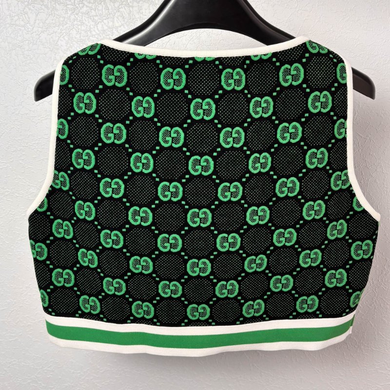 ::GUCCI:: 黑綠滿版雙G花紋 拉鍊背心 上衣 可單穿L號-2