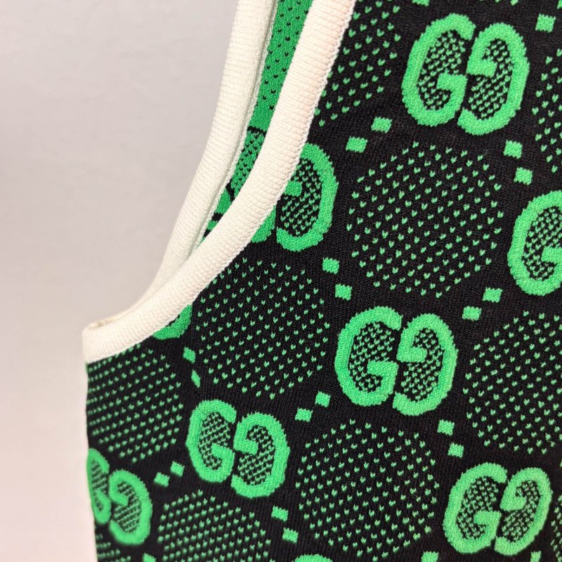 ::GUCCI:: 黑綠滿版雙G花紋 拉鍊背心 上衣 可單穿L號-6