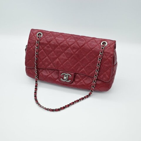 Chanel 香奈兒Classic 經典口蓋 深紅色 荔枝牛皮 銀釦  拉鍊款 單肩包 斜背包