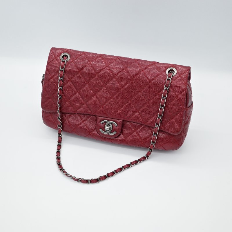 Chanel 香奈兒Classic 經典口蓋 深紅色 荔枝牛皮 銀釦 拉鍊款 單肩包 斜背包-0