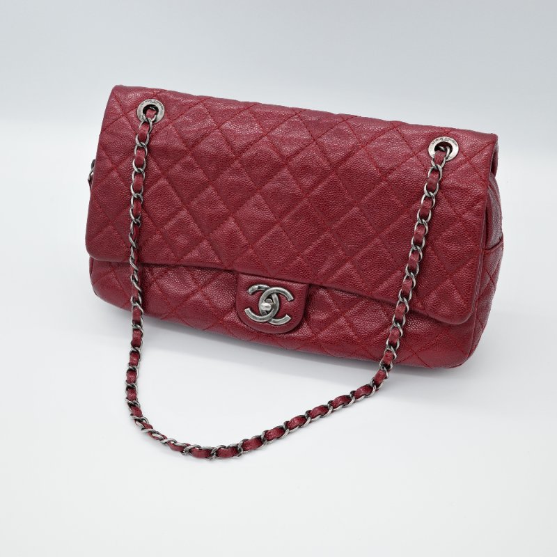 Chanel 香奈兒Classic 經典口蓋 深紅色 荔枝牛皮 銀釦 拉鍊款 單肩包 斜背包-1