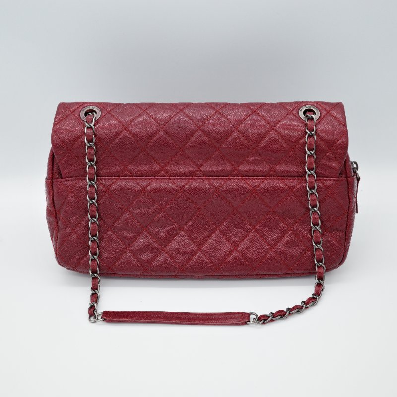 Chanel 香奈兒Classic 經典口蓋 深紅色 荔枝牛皮 銀釦 拉鍊款 單肩包 斜背包-2