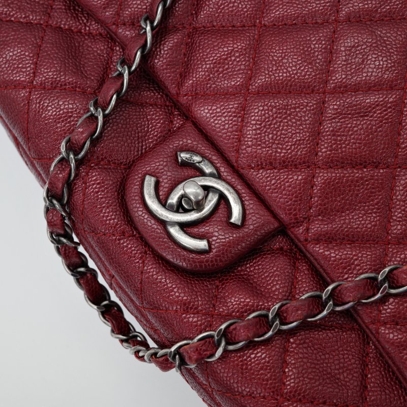 Chanel 香奈兒Classic 經典口蓋 深紅色 荔枝牛皮 銀釦 拉鍊款 單肩包 斜背包-5