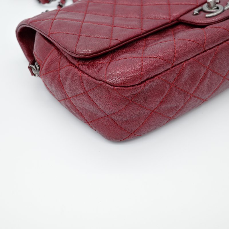 Chanel 香奈兒Classic 經典口蓋 深紅色 荔枝牛皮 銀釦 拉鍊款 單肩包 斜背包-6