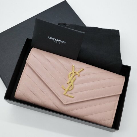 Saint Laurent 聖羅蘭 Cassandre 櫻花粉 牛皮 絎縫 皮革錢包 長錢包 （有送改造鏈條包配件）