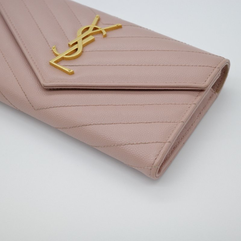 Saint Laurent 聖羅蘭 Cassandre 櫻花粉 牛皮 絎縫 皮革錢包 長錢包 （有送改造鏈條包配件）-3