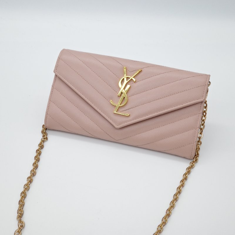 Saint Laurent 聖羅蘭 Cassandre 櫻花粉 牛皮 絎縫 皮革錢包 長錢包 （有送改造鏈條包配件）-4