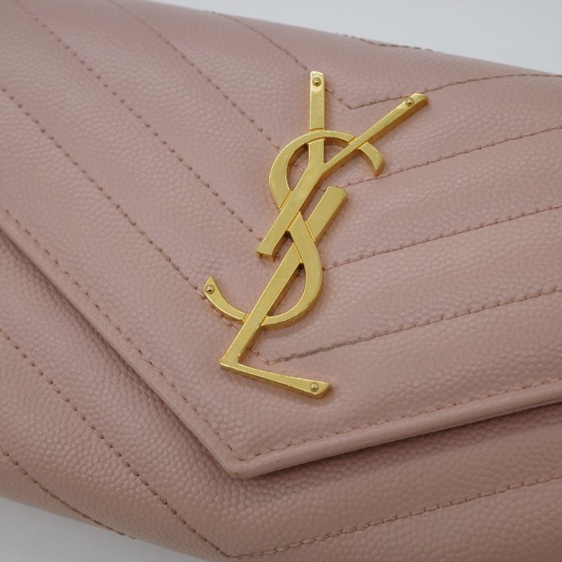 Saint Laurent 聖羅蘭 Cassandre 櫻花粉 牛皮 絎縫 皮革錢包 長錢包 （有送改造鏈條包配件）-9